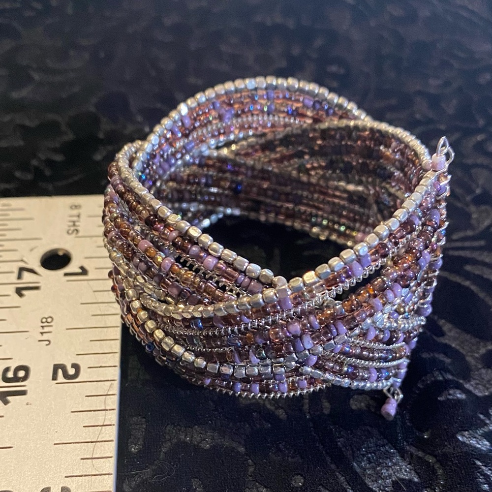 Beaded cuff bracelet lilac/bronze/pewter glass seed beads, 1 1/2”wide,2” across - Picture 3 of 5